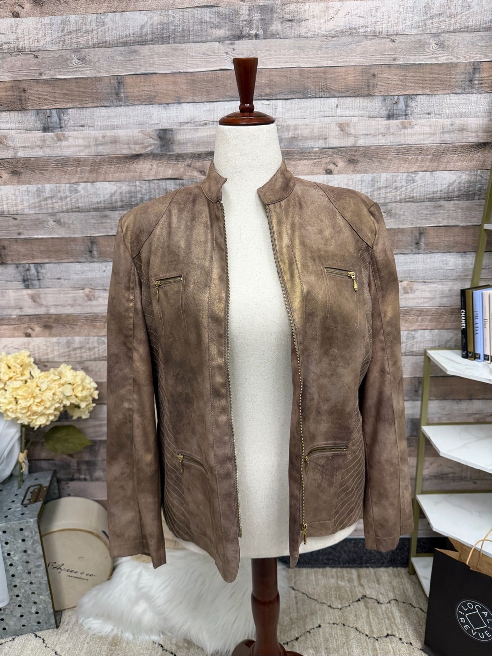 Chicos metallic brown faux suede moto style jacket 2